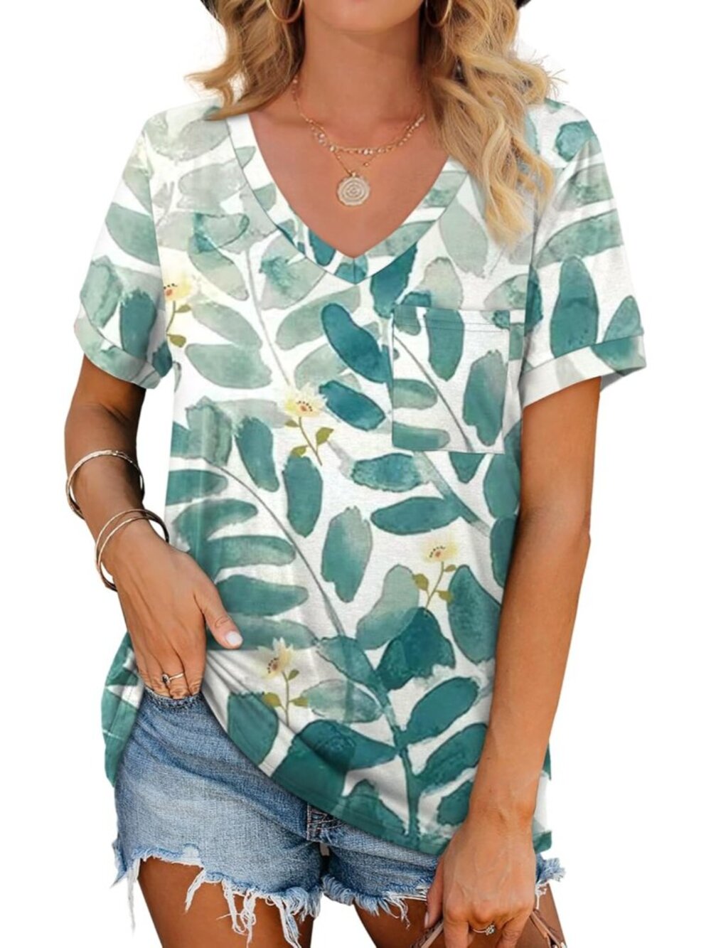 Women's Unique Leaf T Shirts Short Sleeve V Neck Loose Casual Summer Tops